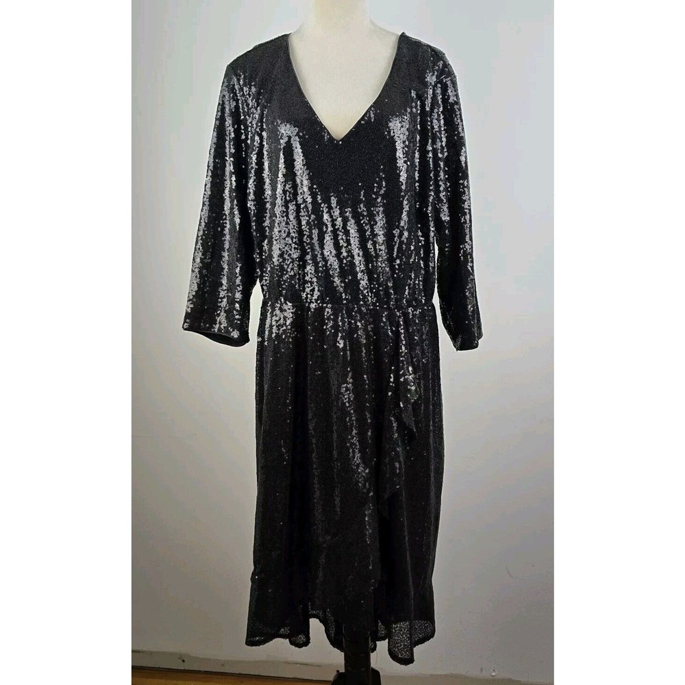 Lane Bryant Sequin Dress Women 22/24 Black Ruffle Wrap Midi V-Neck Tie Back